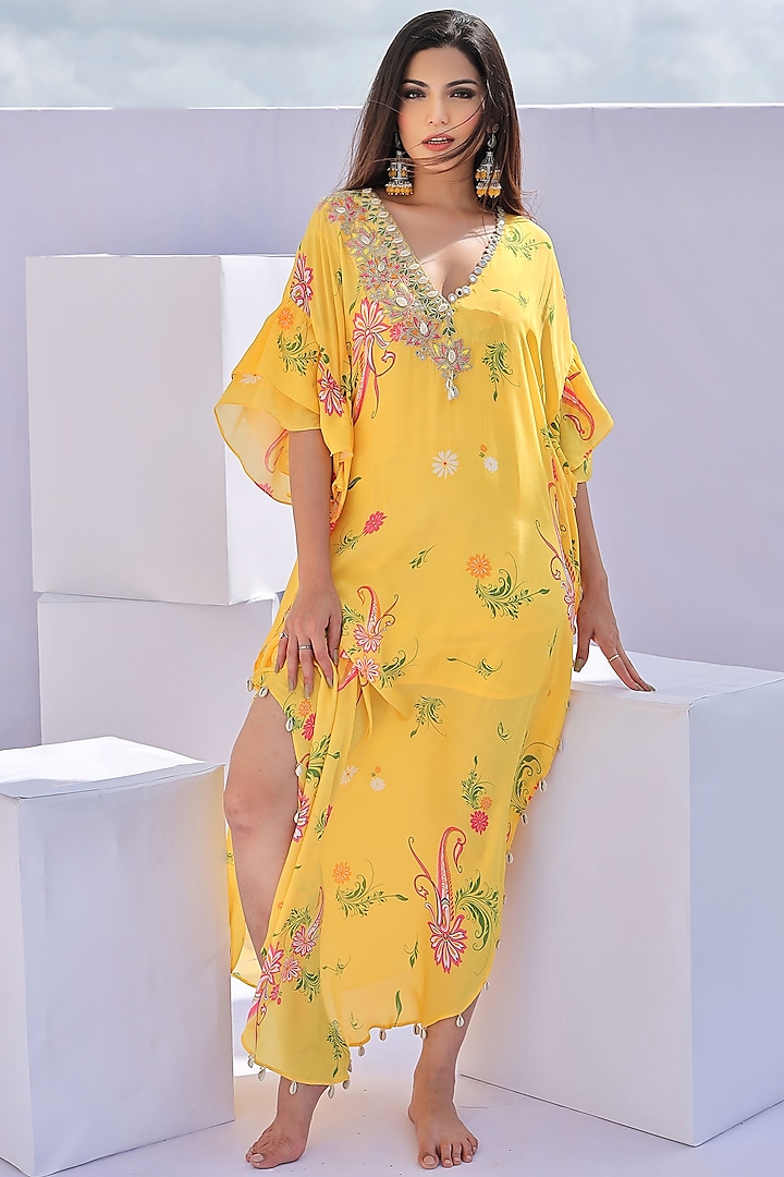 Yellow Natural Crepe Hand Embroidered & Paisley Printed Kaftan by Foram Patel