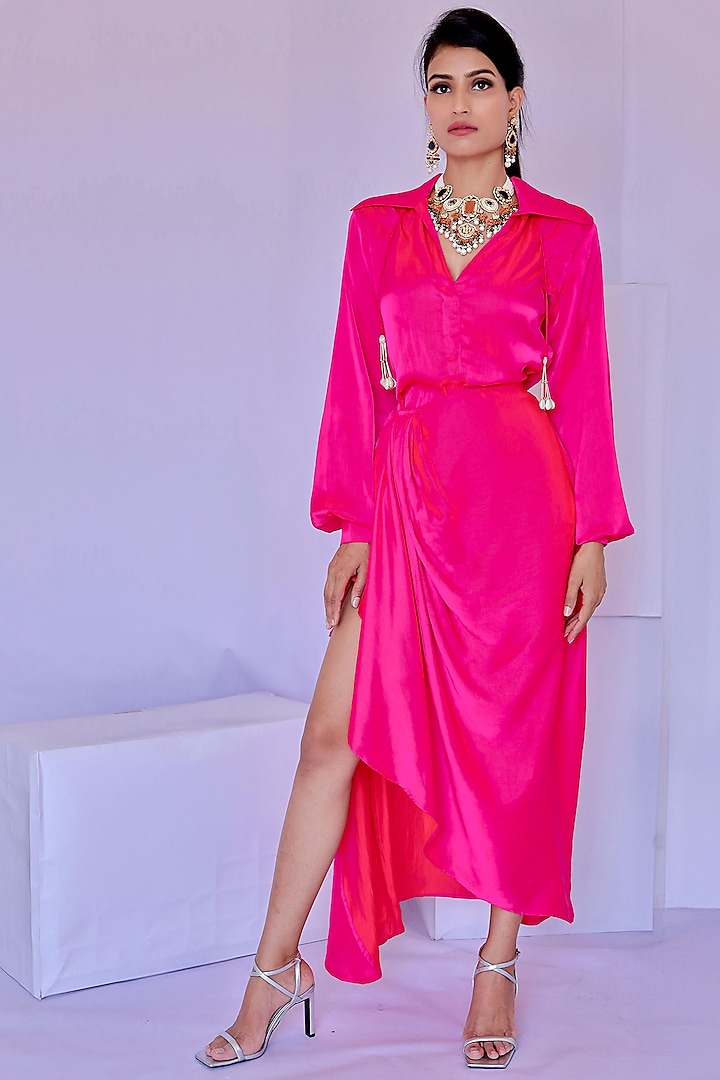 Pink Natural Crepe Wrap Dress by Foram Patel