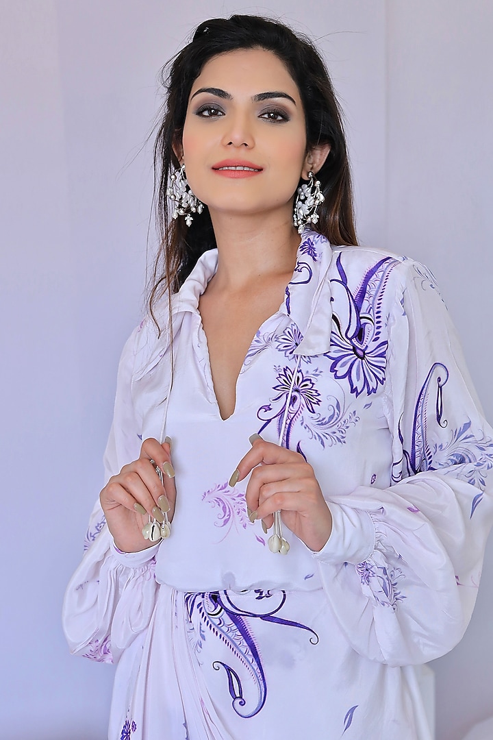 White & Purple Paisley Printed Wrap Summer Dress by Foram Patel at Pernia's Pop Up Shop