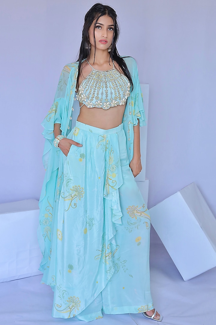 Sky Blue Natural Crepe & Georgette Paisley Printed Cape Set by Foram Patel