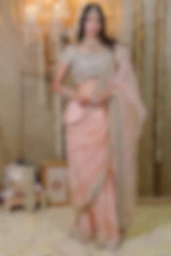 Peach Organza Mirror & Cutdana Embroidered Pre-Draped Saree Set by Foram Patel at Pernia's Pop Up Shop