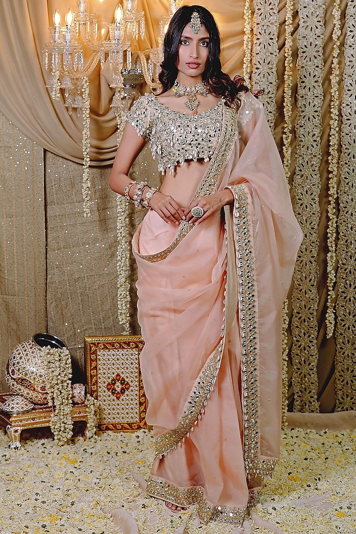 Peach Organza Mirror & Cutdana Embroidered Pre-Draped Saree Set by Foram Patel at Pernia's Pop Up Shop