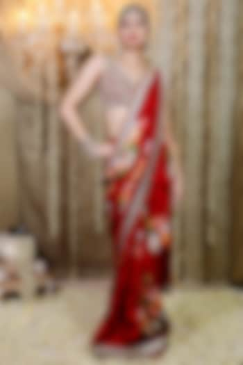 Red Georgette & Net Floral Printed Pre-Draped Saree Set by Foram Patel at Pernia's Pop Up Shop