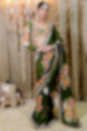 Green Georgette & Net Floral Printed Pre-Draped Saree Set by Foram Patel at Pernia's Pop Up Shop