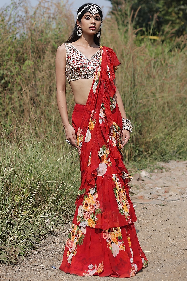 Red Georgette & Net Floral Printed Ruffled Pre-Draped Saree Set by Foram Patel at Pernia's Pop Up Shop