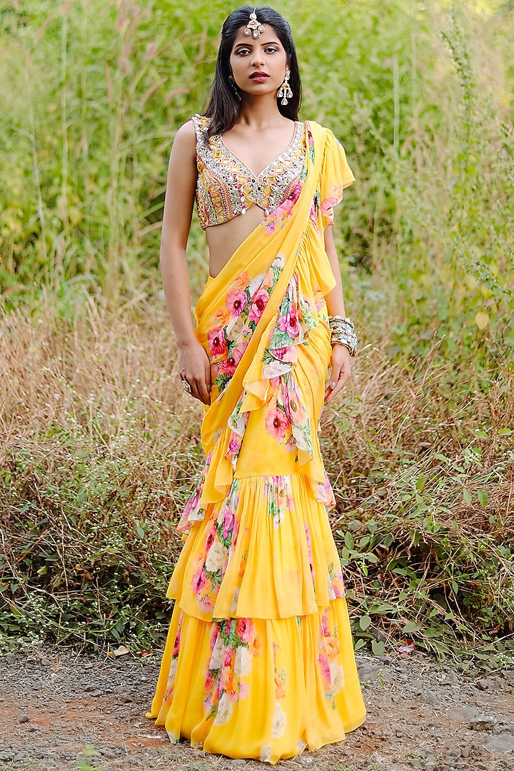 Yellow Georgette & Net Floral Printed Ruffled Pre-Draped Saree Set by Foram Patel at Pernia's Pop Up Shop