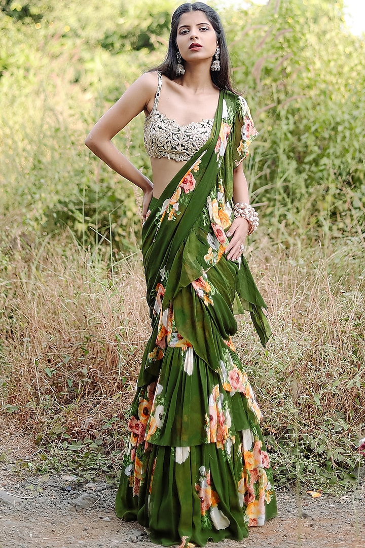 Green Georgette & Net Floral Printed Ruffled Pre-Draped Saree Set by Foram Patel at Pernia's Pop Up Shop