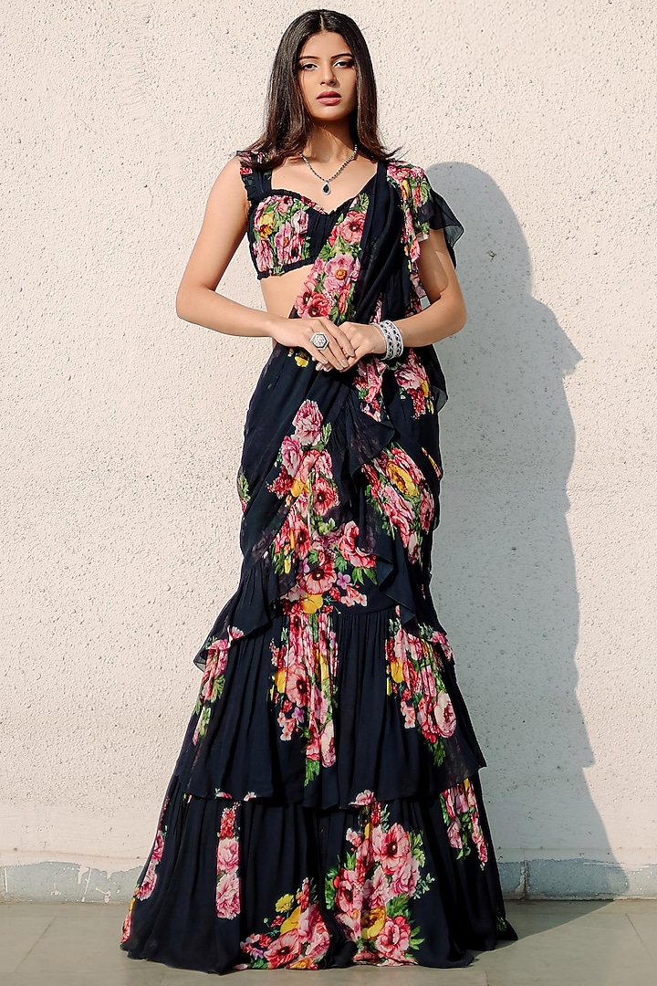 Persian Blue Georgette Floral Printed Ruffled Pre-Draped Saree Set by Foram Patel at Pernia's Pop Up Shop