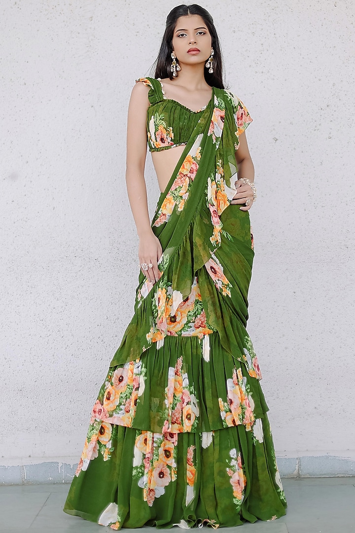 Green Georgette Floral Printed Ruffled Pre-Draped Saree Set by Foram Patel at Pernia's Pop Up Shop