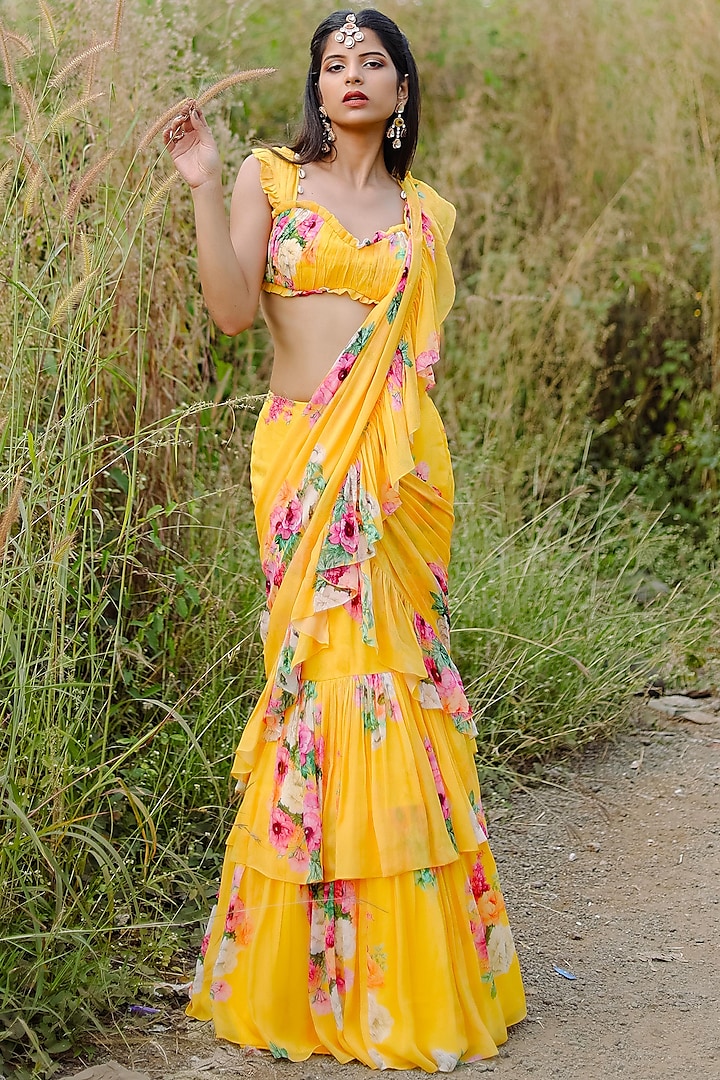 Yellow Georgette Floral Printed Ruffled Pre-Draped Saree Set by Foram Patel at Pernia's Pop Up Shop