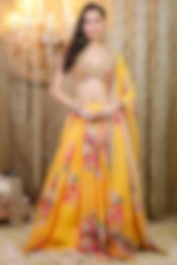 Yellow Organza & Net Floral Printed Wedding Lehenga Set by Foram Patel at Pernia's Pop Up Shop