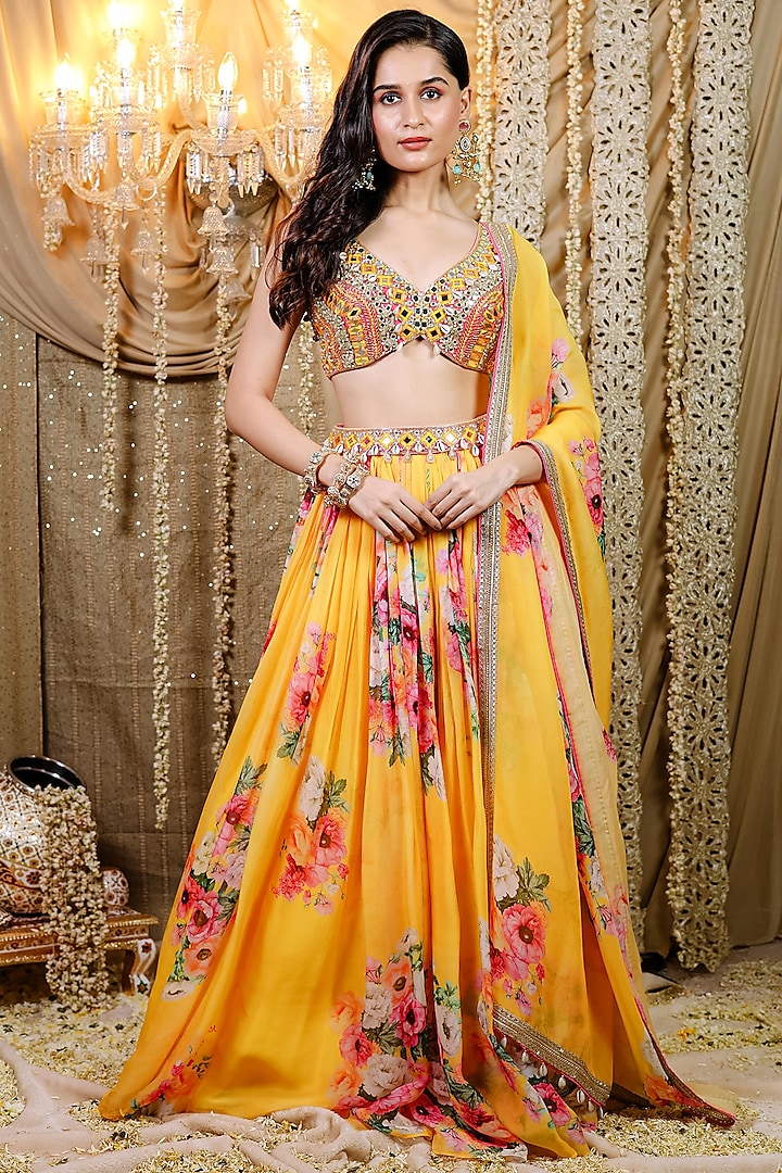 Yellow Organza & Net Floral Printed Wedding Lehenga Set by Foram Patel at Pernia's Pop Up Shop