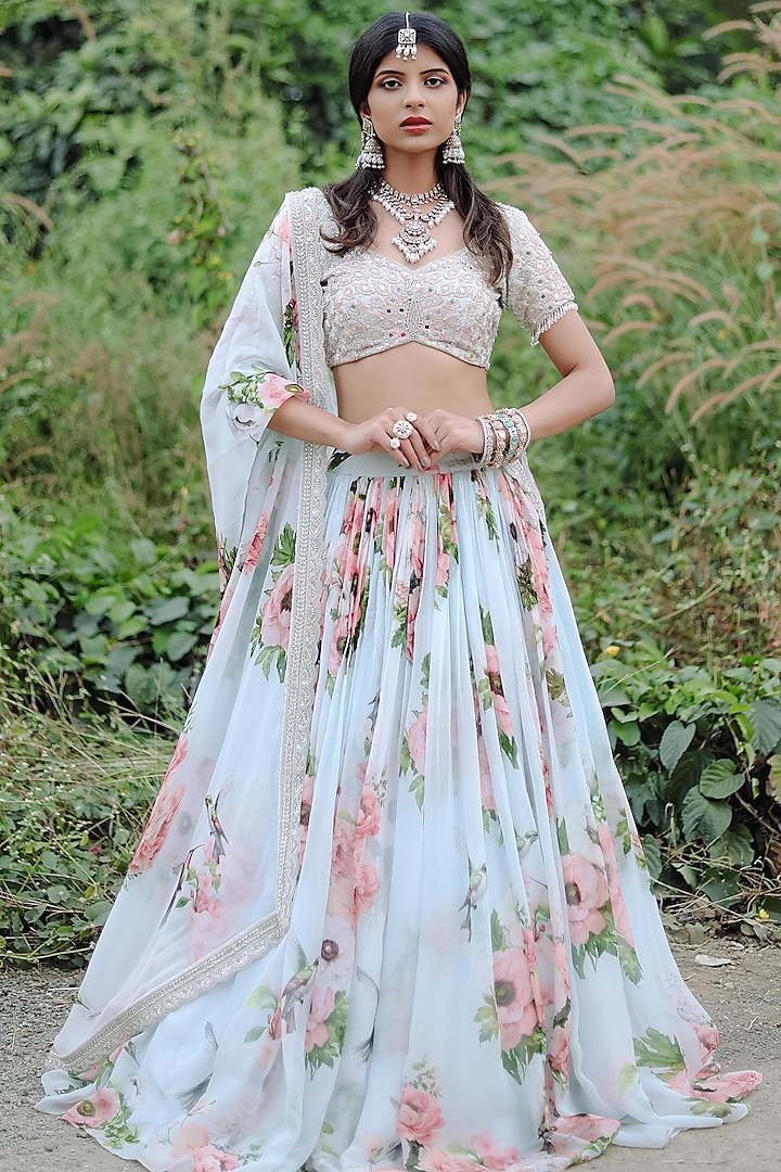 Sky Blue Organza & Net Floral Printed Wedding Lehenga Set by Foram Patel at Pernia's Pop Up Shop