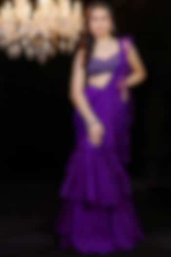 Purple Fluid Georgette & Organza Ruffled Pre-Draped Saree Set by Foram Patel at Pernia's Pop Up Shop