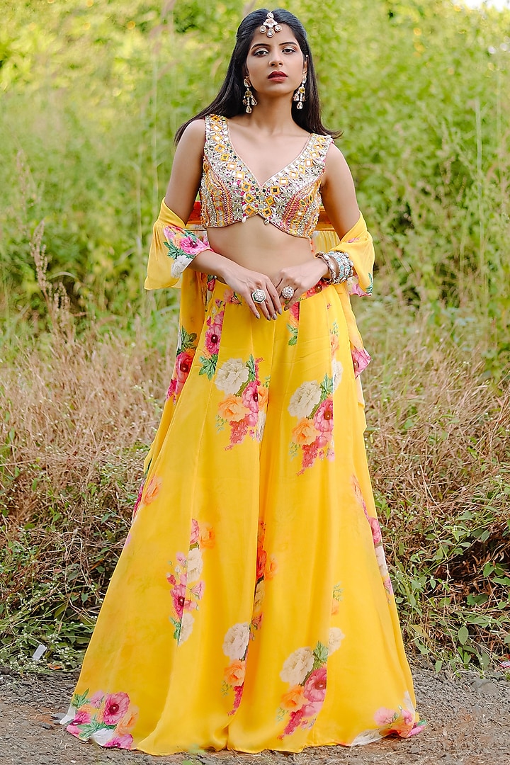 Yellow Georgette & Net Floral Printed Sharara Set by Foram Patel at Pernia's Pop Up Shop