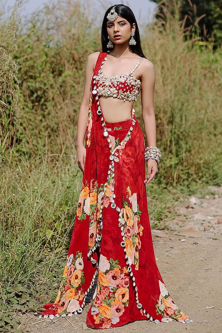 Red Georgette Floral Printed & Embroidered Cape Set by Foram Patel at Pernia's Pop Up Shop