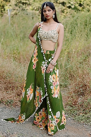 Green Georgette Floral Printed & Embroidered Cape Set by Foram Patel