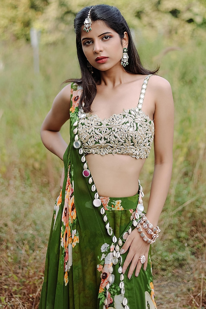 Green Georgette Floral Printed & Embroidered Cape Set by Foram Patel at Pernia's Pop Up Shop