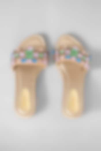 Gold Rexine Embellished Sandals by Foot Fuel