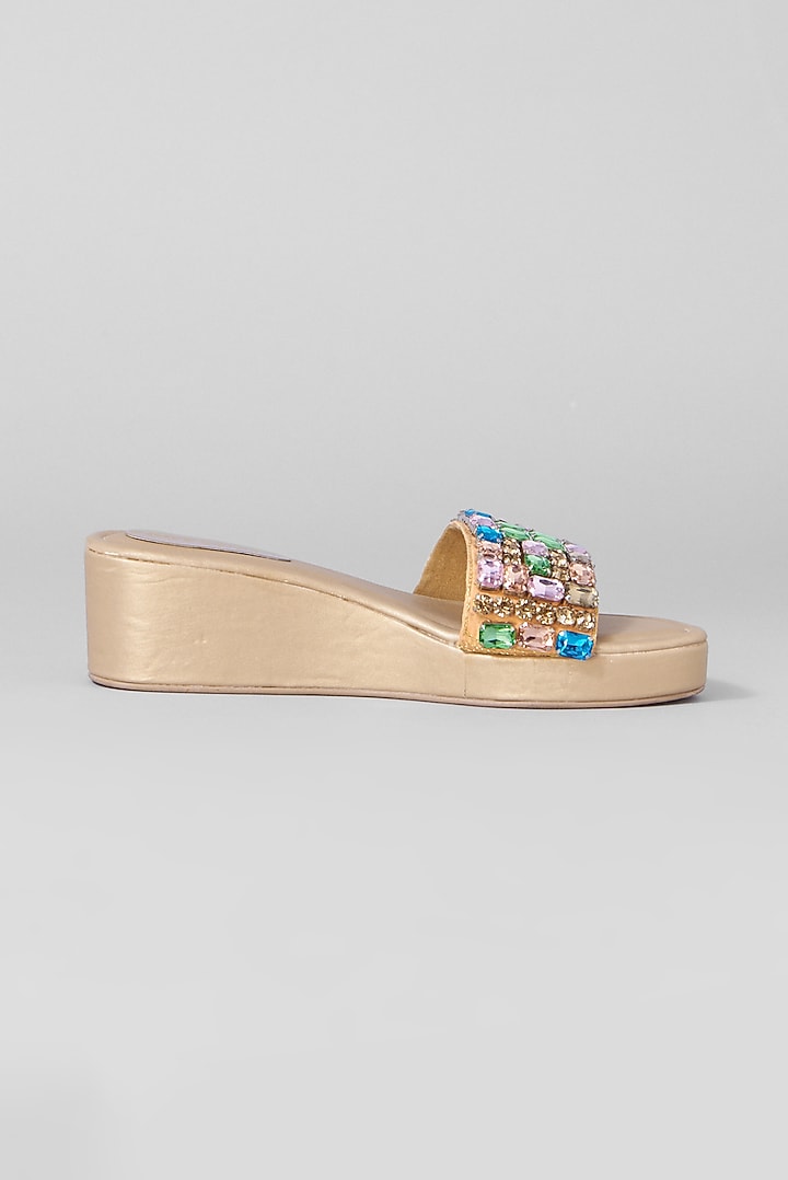 Gold Rexine Embellished Sandals by Foot Fuel at Pernia's Pop Up Shop