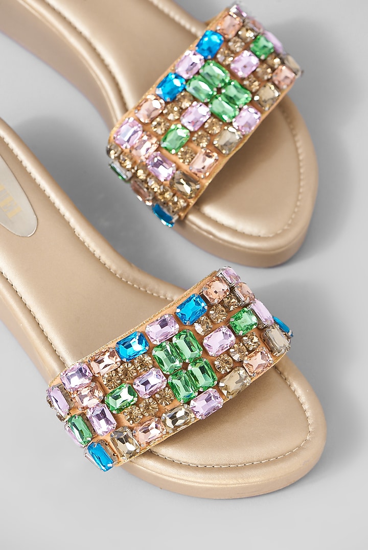 Gold Rexine Embellished Sandals by Foot Fuel at Pernia's Pop Up Shop