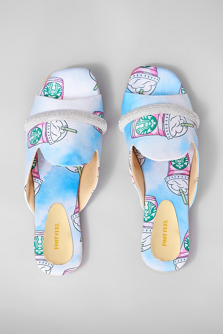 Blue Rexine Printed & Embellished Flats by Foot Fuel