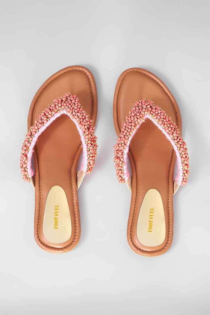 Pink Rexine Embellished Flats by Foot Fuel