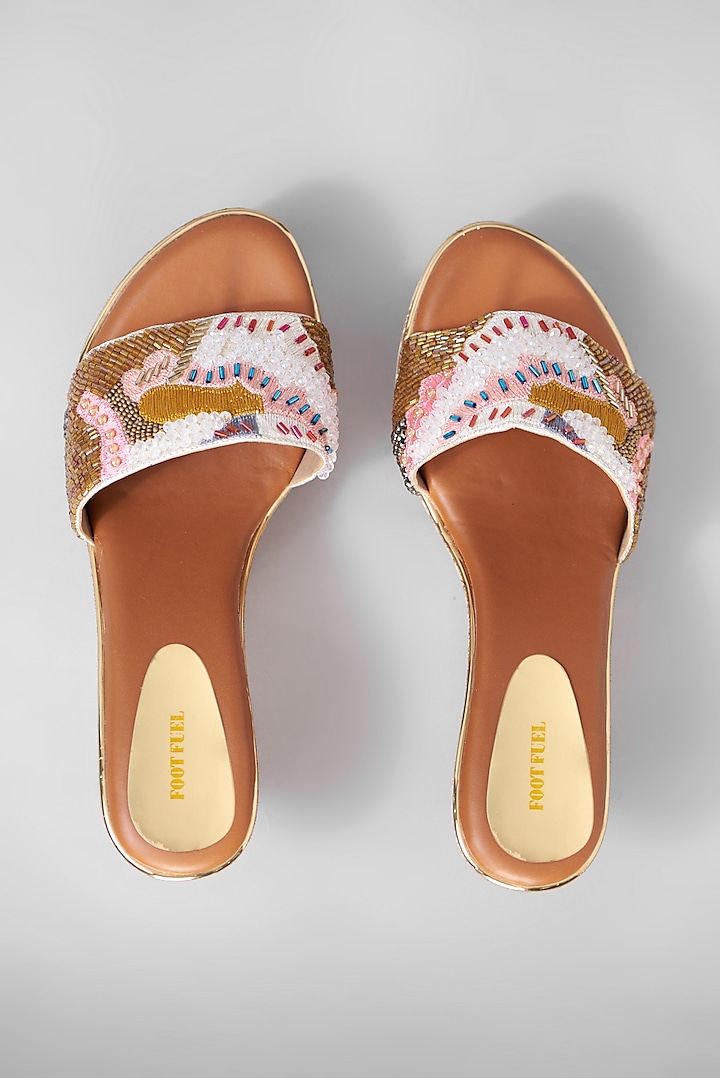 Brown Rexine Embroidered Platform Heels by Foot Fuel