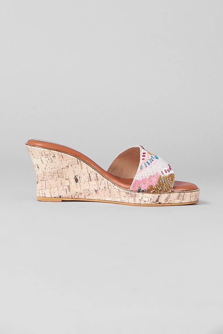 Brown Rexine Embroidered Platform Heels by Foot Fuel at Pernia's Pop Up Shop