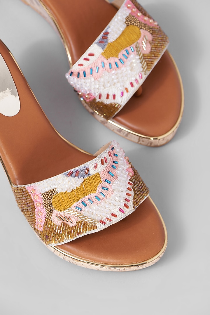 Brown Rexine Embroidered Platform Heels by Foot Fuel at Pernia's Pop Up Shop
