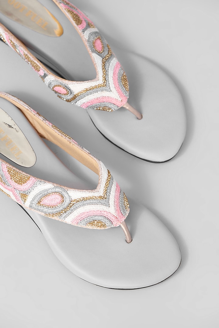 Grey Rexine Embroidered Heels by Foot Fuel at Pernia's Pop Up Shop