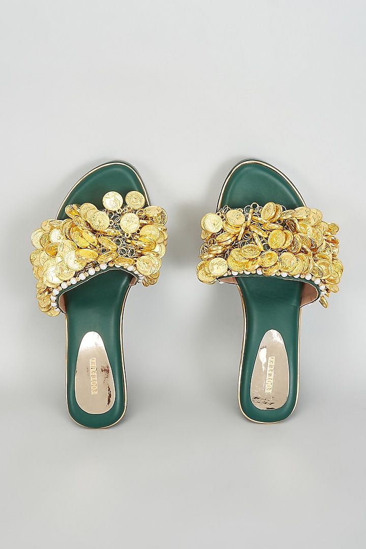 Green Rexine Coin Embellished Wedges by Foot Fuel