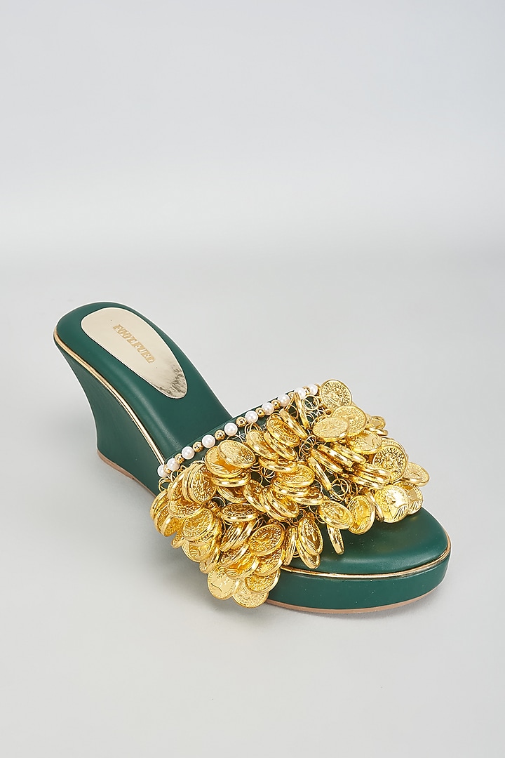 Green Rexine Coin Embellished Wedges by Foot Fuel at Pernia's Pop Up Shop