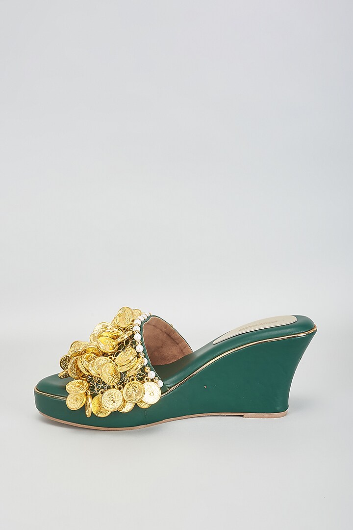 Green Rexine Coin Embellished Wedges by Foot Fuel at Pernia's Pop Up Shop