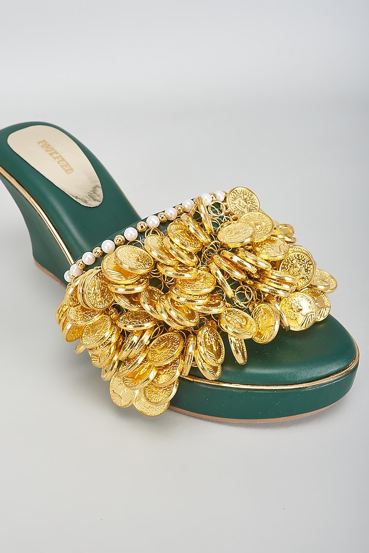 Green Rexine Coin Embellished Wedges by Foot Fuel at Pernia's Pop Up Shop