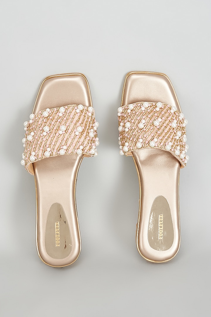 Gold Rexine Pearl & Thread Work Flats by Foot Fuel at Pernia's Pop Up Shop