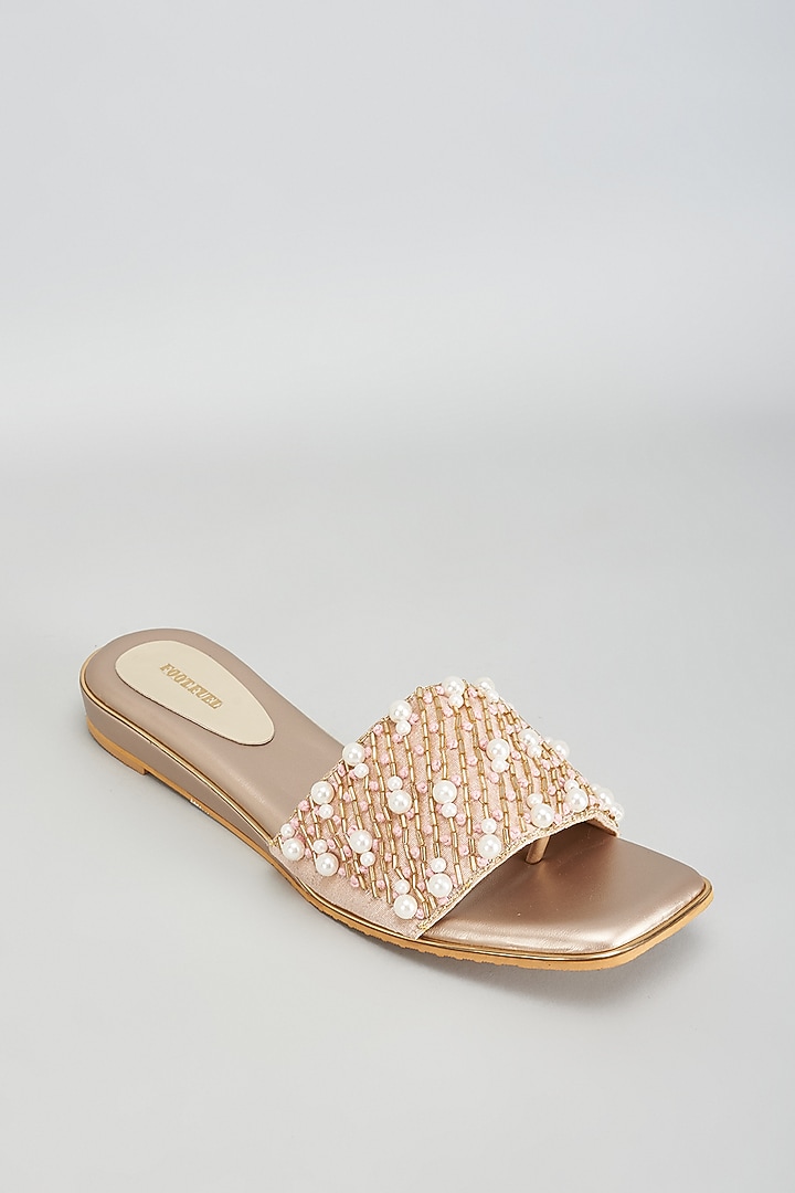 Gold Rexine Pearl & Thread Work Flats by Foot Fuel at Pernia's Pop Up Shop