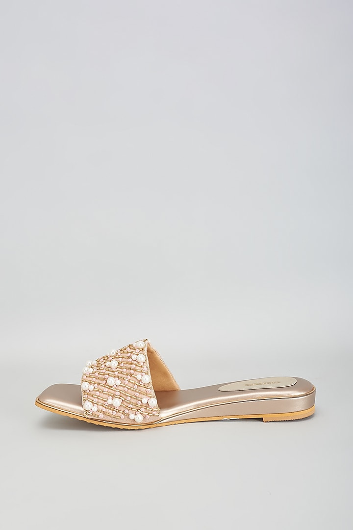 Gold Rexine Pearl & Thread Work Flats by Foot Fuel at Pernia's Pop Up Shop
