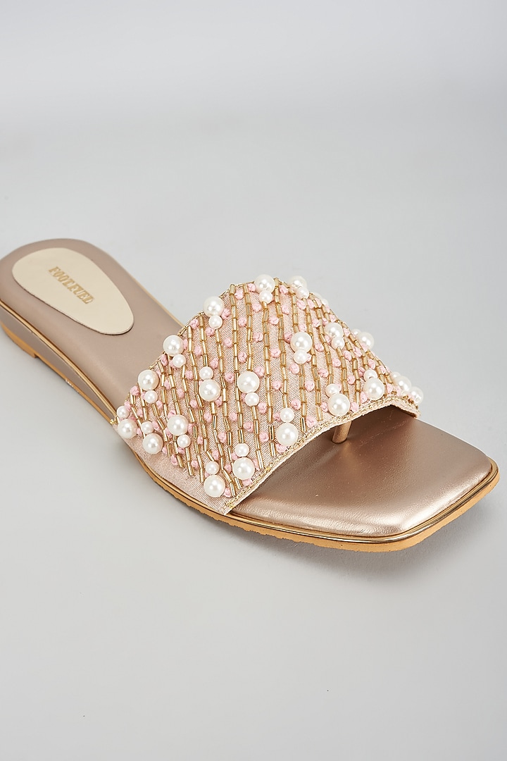 Gold Rexine Pearl & Thread Work Flats by Foot Fuel at Pernia's Pop Up Shop