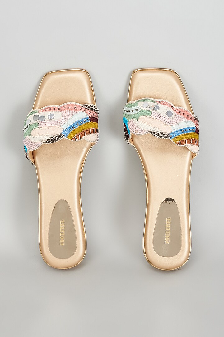 Gold Rexine Embroidered Flats by Foot Fuel at Pernia's Pop Up Shop