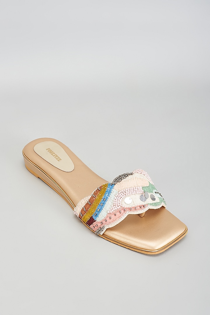 Gold Rexine Embroidered Flats by Foot Fuel at Pernia's Pop Up Shop