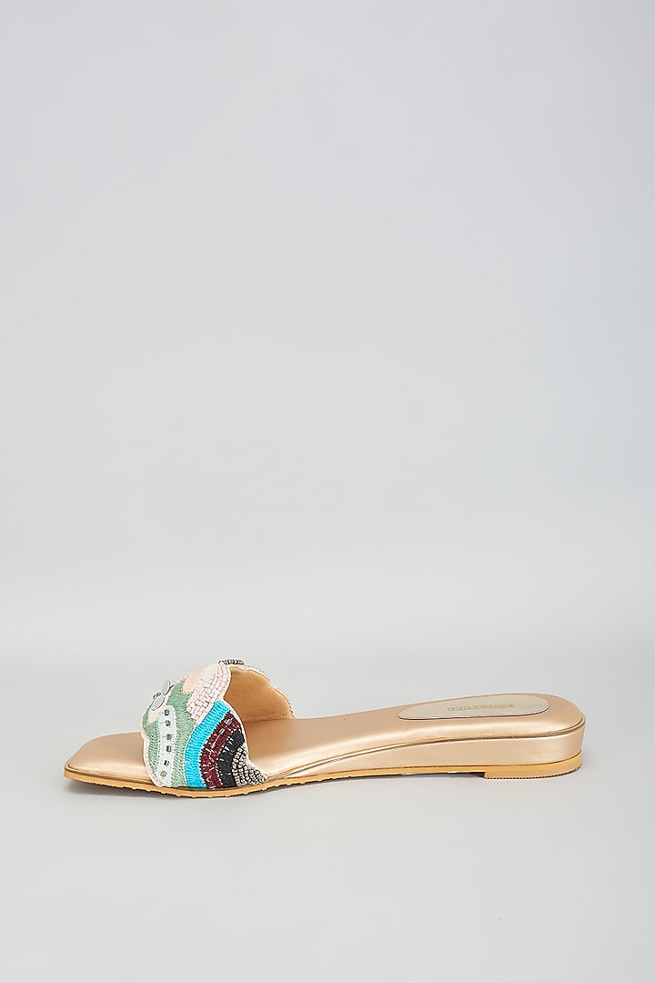 Gold Rexine Embroidered Flats by Foot Fuel at Pernia's Pop Up Shop