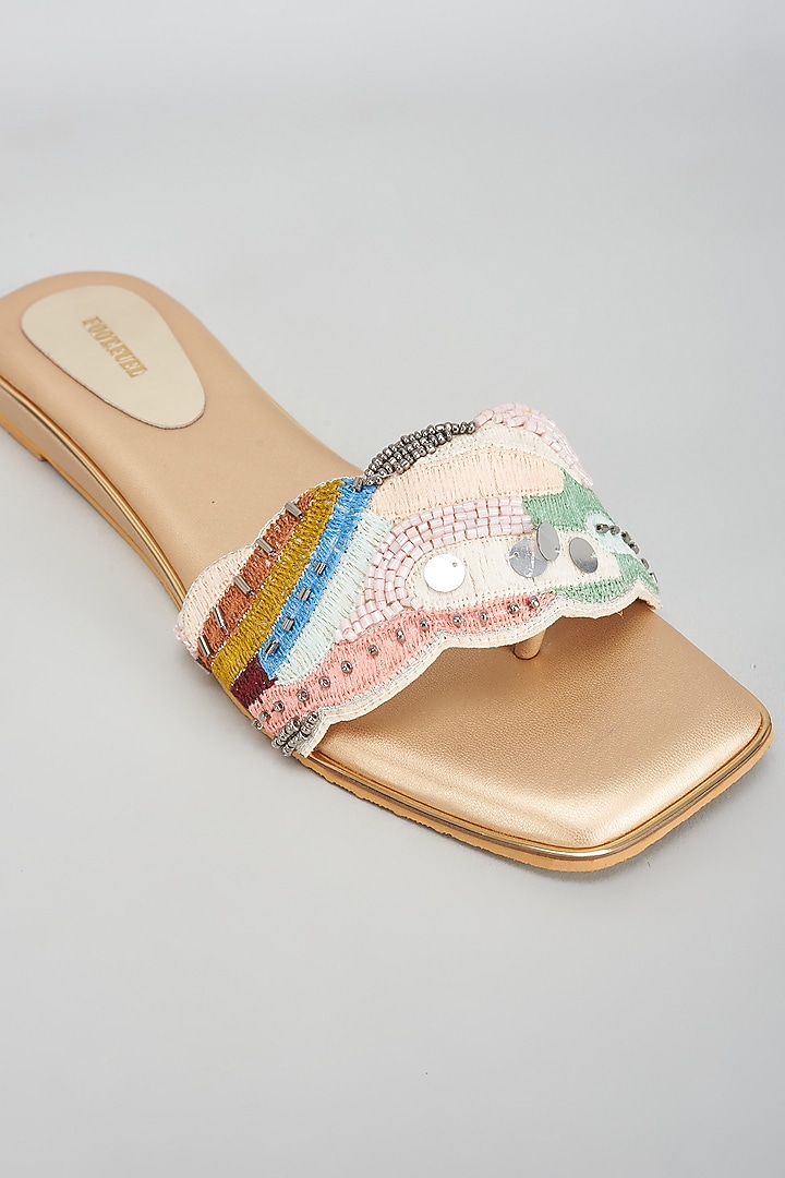 Gold Rexine Embroidered Flats by Foot Fuel at Pernia's Pop Up Shop
