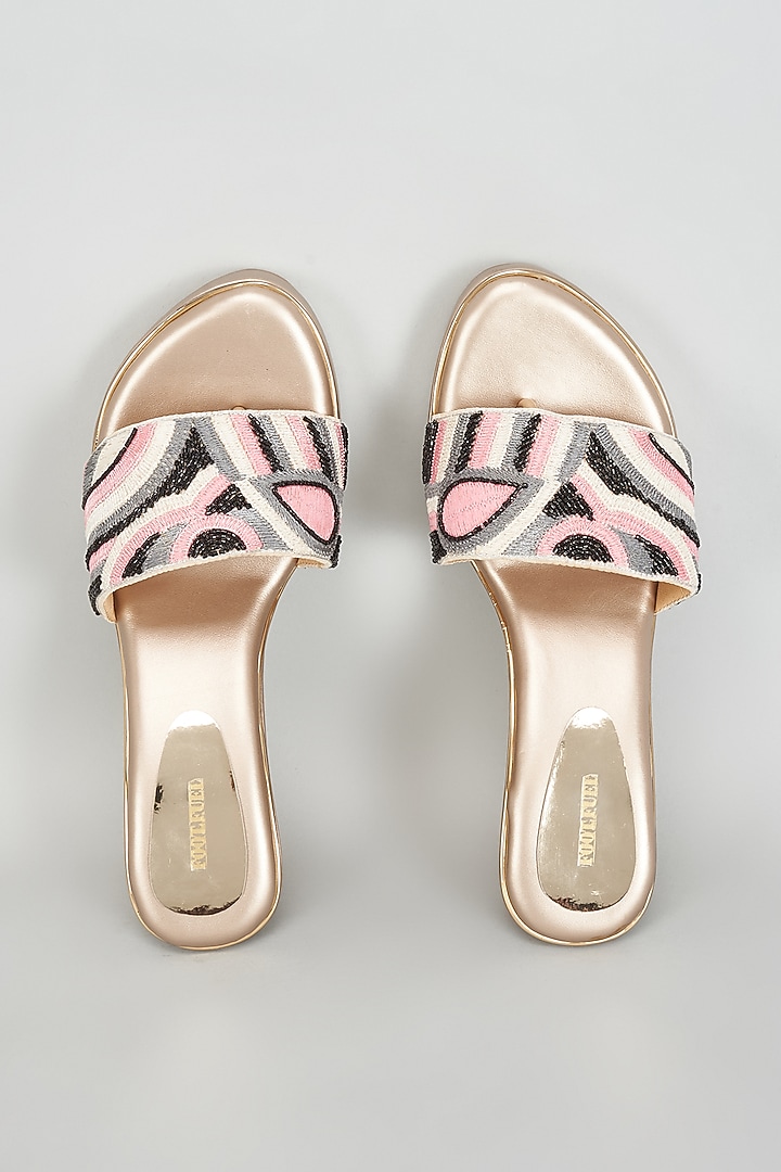 Gold Rexine Thread Work Flats by Foot Fuel at Pernia's Pop Up Shop
