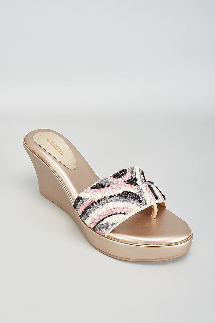 Gold Rexine Thread Work Flats by Foot Fuel at Pernia's Pop Up Shop