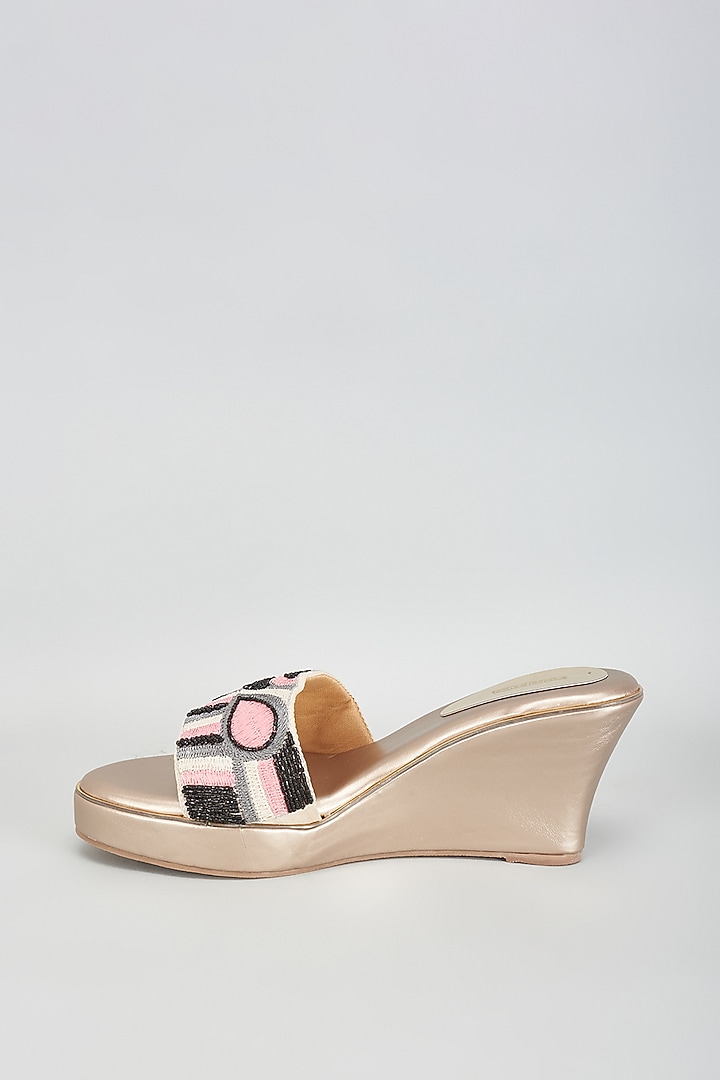 Gold Rexine Thread Work Flats by Foot Fuel at Pernia's Pop Up Shop