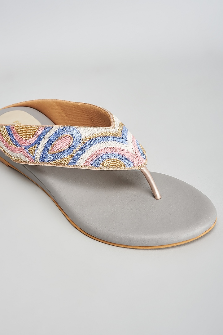 Purple & Grey Rexine Sequins Embroidered Flats by Foot Fuel at Pernia's Pop Up Shop