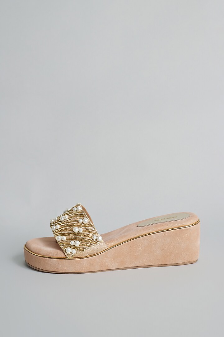 Rose Gold Rexine Zardosi & Pearl Hand Embroidered Platform Heels by Foot Fuel at Pernia's Pop Up Shop