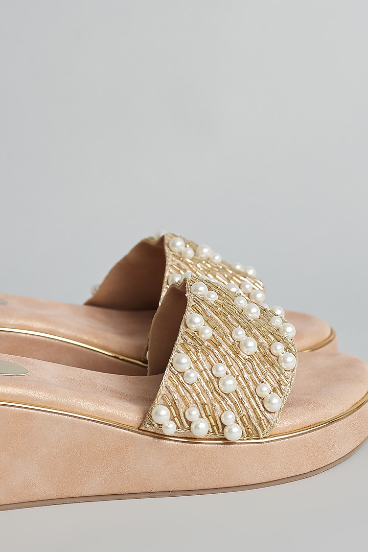 Rose Gold Rexine Zardosi & Pearl Hand Embroidered Platform Heels by Foot Fuel at Pernia's Pop Up Shop
