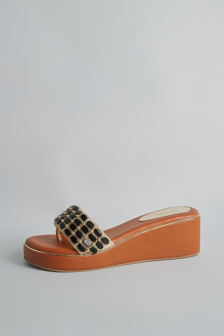 Brown Rexine Zardosi & Stone Embellished Platform Heels by Foot Fuel at Pernia's Pop Up Shop